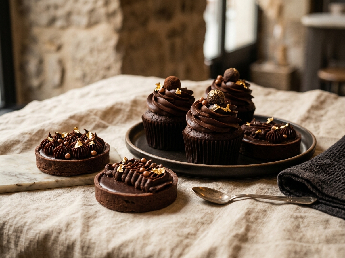 Gourmet dark chocolate cupcakes and tartlets with piped ganache and bronze pearls